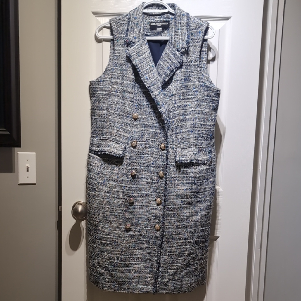 Karl Lagerfeld Blue Tweed Sleeveless Midi Dress